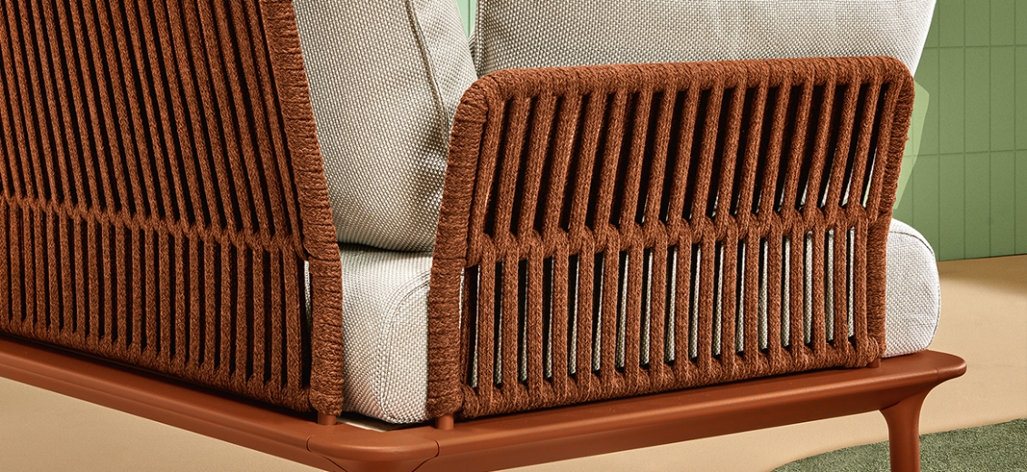 Fauteuil extérieur Reva Twist Patrick Jouin Pedrali Aluminium textylene corde plate Coussins en mousse tissu imperméable