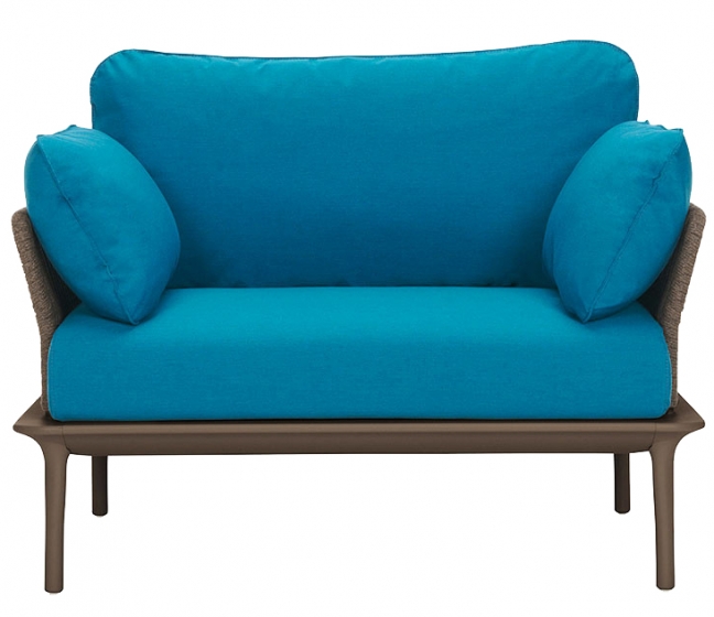 Fauteuil extérieur Reva Twist Patrick Jouin Pedrali Aluminium textylene corde plate Coussins en mousse tissu imperméable