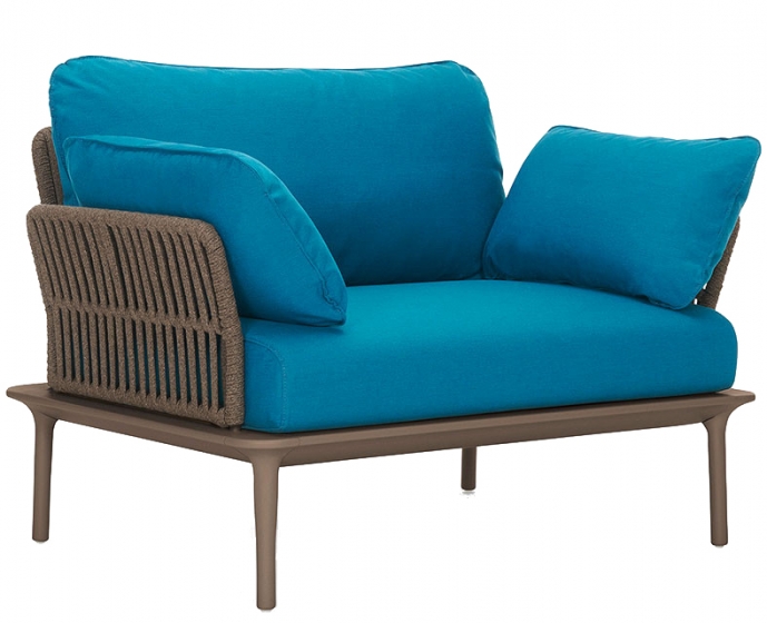 Fauteuil extérieur Reva Twist Patrick Jouin Pedrali Aluminium textylene corde plate Coussins en mousse tissu imperméable