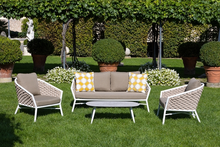 Canapé, Dub, Dossier: toile textylene lavable, toile tressé; Structure: aluminium laqué peint; Assise: coussin garni;