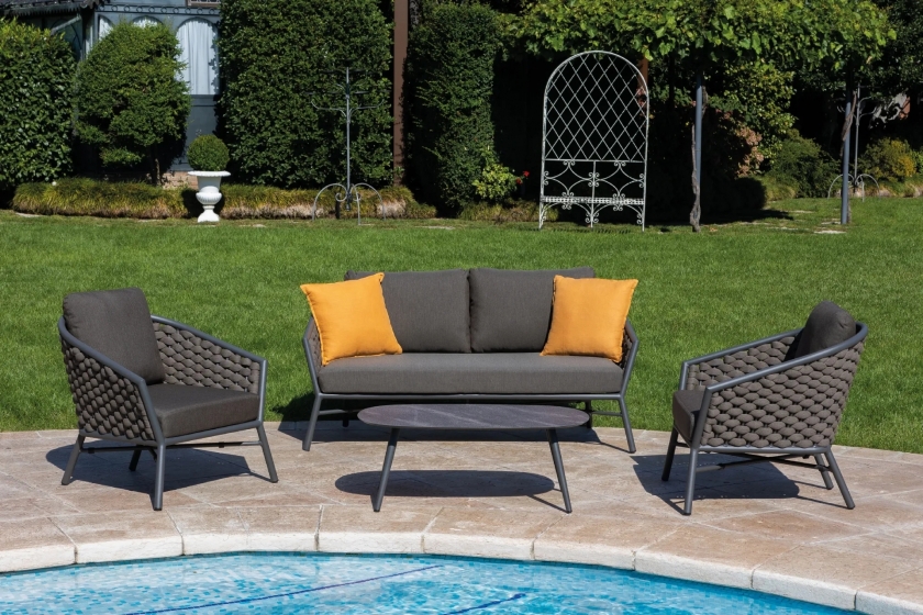 Canapé, Dub, Dossier: toile textylene lavable, toile tressé; Structure: aluminium laqué peint; Assise: coussin garni;