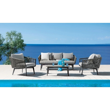 Fauteuil lounge, Diva, Dossier: corde; Structure: aluminium laqué peint; Assise: coussin garni;