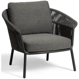 Fauteuil lounge, Lake, Dossier: corde; Fonction: empilable; Structure: aluminium laqué peint; Assise: coussin garni;
