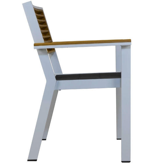 Fauteuil Bridge Yorki • Cadre en aluminium• Revêtement par poudre• Résistant aux UV• Dossier et accoudoirs en teck• Empilable