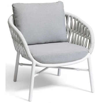 Fauteuil lounge, Manila, Dossier: corde; Fonction: empilable; Structure: aluminium laqué peint; Assise: coussin garni;