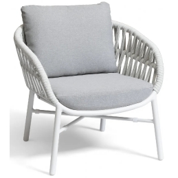 Fauteuil lounge, Manila, Dossier: corde; Fonction: empilable; Structure: aluminium laqué peint; Assise: coussin garni;