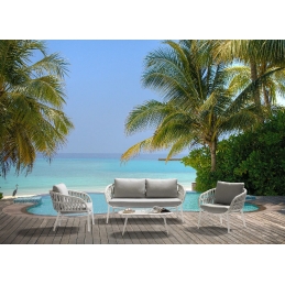 Fauteuil lounge, Manila, Dossier: corde; Fonction: empilable; Structure: aluminium laqué peint; Assise: coussin garni;