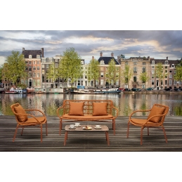 Fauteuil lounge, Leaf, Dossier: corde; Fonction: empilable x 4; Structure: aluminium laqué peint; Assise: coussin garni;