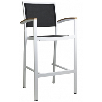 Chaise haute Medi • Aluminium 22*22*1,8 mm• Revêtement en poudre• Résistant aux UV• Tissage plat en PE• Accoudoirs en teck• E
